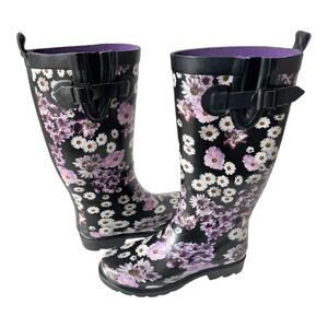 Capelli New York Womens Black Purple Floral Tall Adjustable Rain Boots Size 6